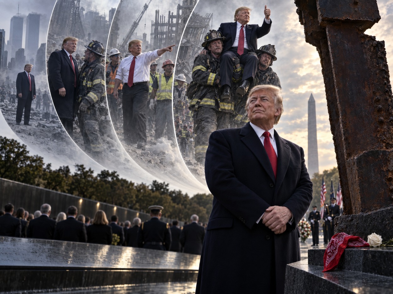 Donald Trump steht bei einer Gedenkveranstaltung vor einem großen Stahlträger, während hinter ihm geisterhaft mehrere immer größer werdende historische Darstellungen seiner eigenen Person zu sehen sind.