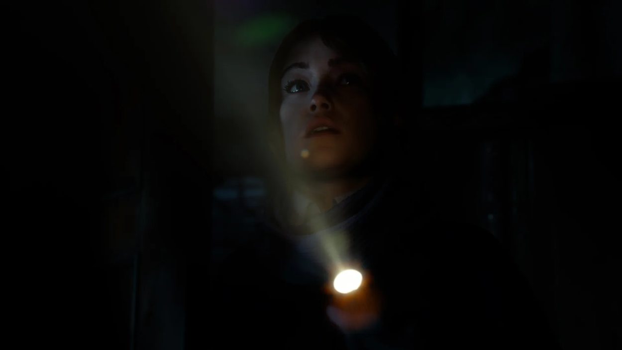 Eine junge Frau leuchtet sich in einem fast vollständig dunklen Raum mit einer Taschenlampe den Weg und blickt angespannt nach oben.