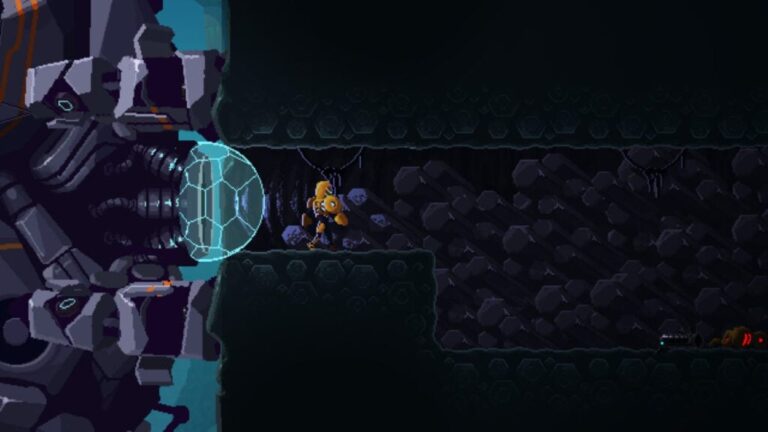 Ein kleiner orangefarbener Roboter steht in einer dunklen Höhle vor dem großen Robospider und einem leuchtenden Schutzfeld.