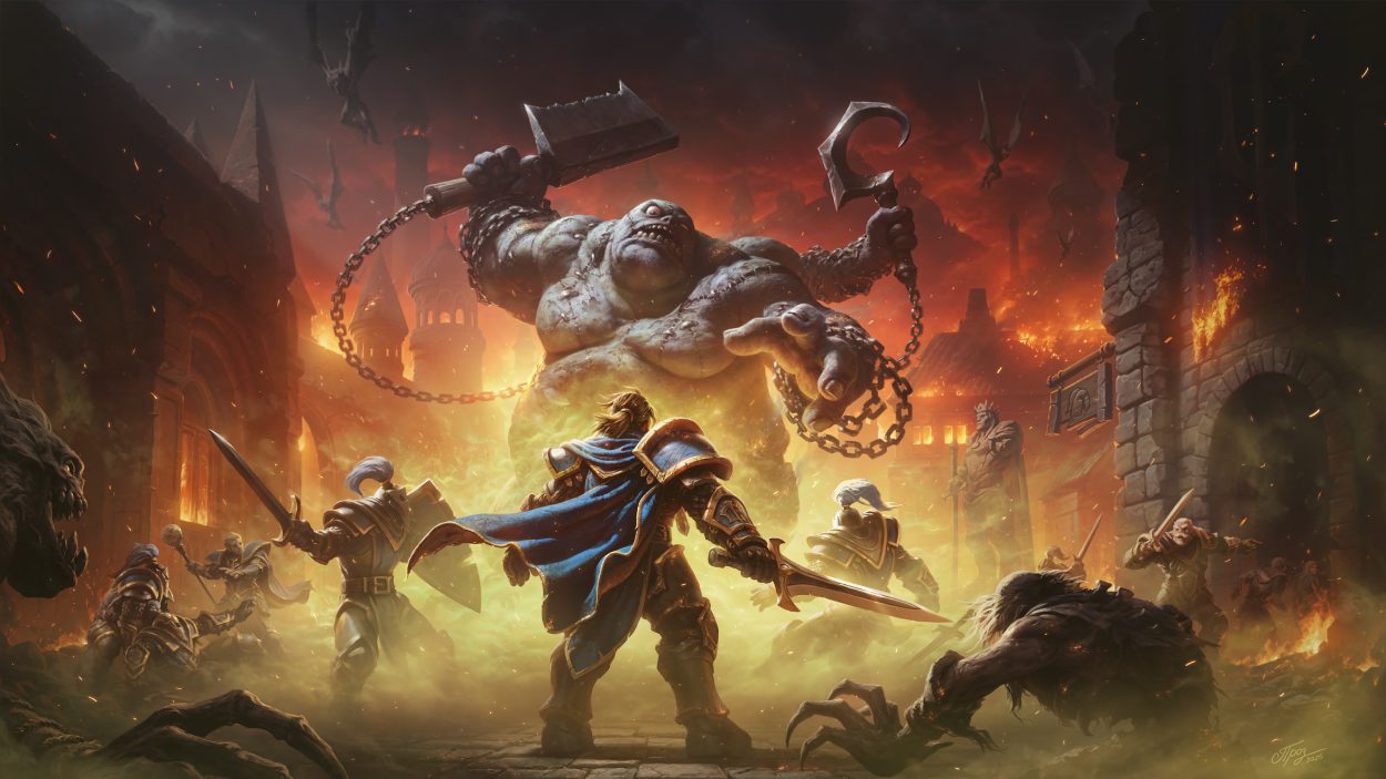 Eine Gruppe bewaffneter Warcraft-Krieger kämpft in einer brennenden Stadt gegen riesige Untote und weitere Kreaturen.