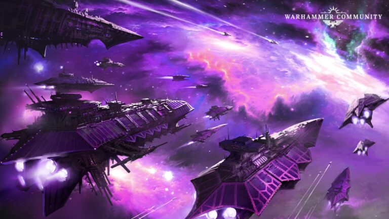 Mehrere gewaltige Warhammer-40.000-Raumschiffe fliegen vor einem grell violett leuchtenden Warp-Sturm am Rand des Mahlstroms.