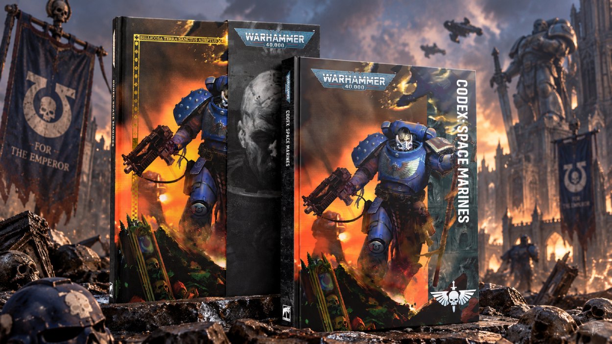 Space Marines aus Warhammer 40.000 stehen neben dem neuen Codex und aktuellen Miniaturen aus der September-Vorschau von Games Workshop.