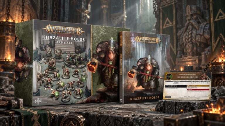 Das Army Set der Khazalid-Festen, das Battletome und die Warscroll-Karte von Hjulda Drakkblud stehen in einer düsteren zwergischen Schmiedehalle mit Feuerbecken, Steinreliefs und Bannern.