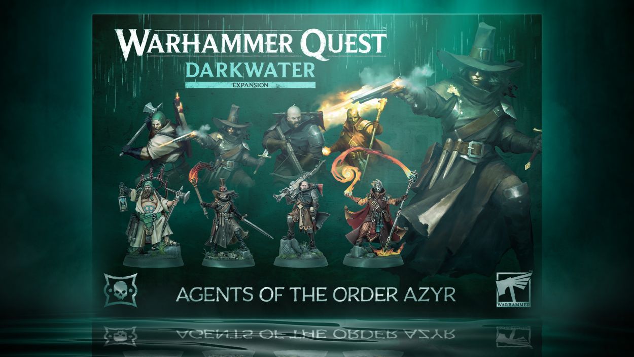 Offizielles Motiv zur Erweiterung Agents of the Order Azyr für Warhammer Quest: Darkwater mit vier neuen Helden und ihren Miniaturen vor dunkelgrünem Hintergrund.
