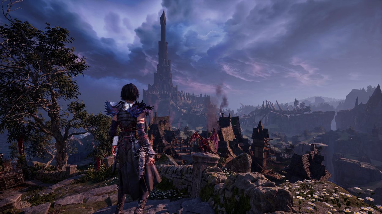Kaatri blickt in Warlock: Dungeons & Dragons über eine düstere Fantasy-Siedlung auf einen gewaltigen schwarzen Turm unter schweren Gewitterwolken.