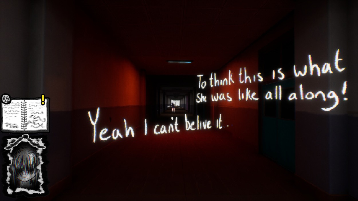 Dunkler roter Schulflur aus We Pretend in PS1-inspirierter Optik, überlagert von handschriftlichen Gedanken über Einsamkeit und Unglauben.