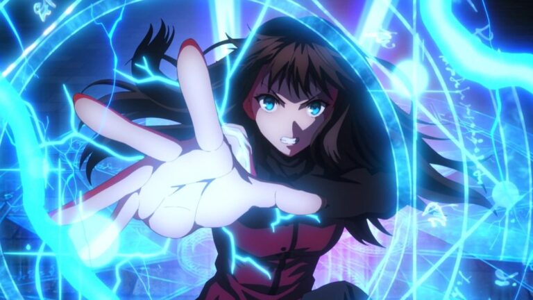 Aoko Aozaki wirkt in Witch on the Holy Night einen leuchtend blauen Zauber, umgeben von magischen Kreisen und Energie.