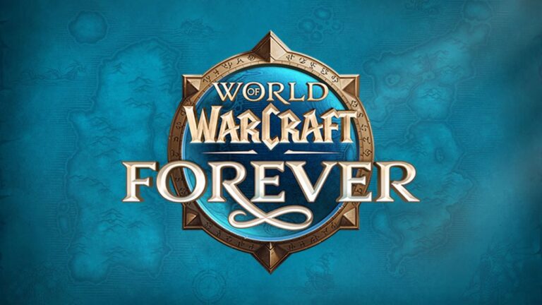 Das offizielle World-of-Warcraft-Forever-Logo steht vor einer blau-türkisen, kartografisch gestalteten Fantasy-Kulisse.