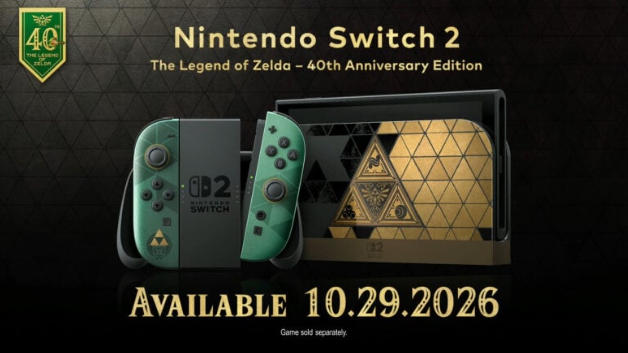 Nintendo Switch 2 im grünen und goldenen Zelda-Jubiläumsdesign mit Triforce-Motiven; daneben steht der Veröffentlichungstermin 29. Oktober 2026.
