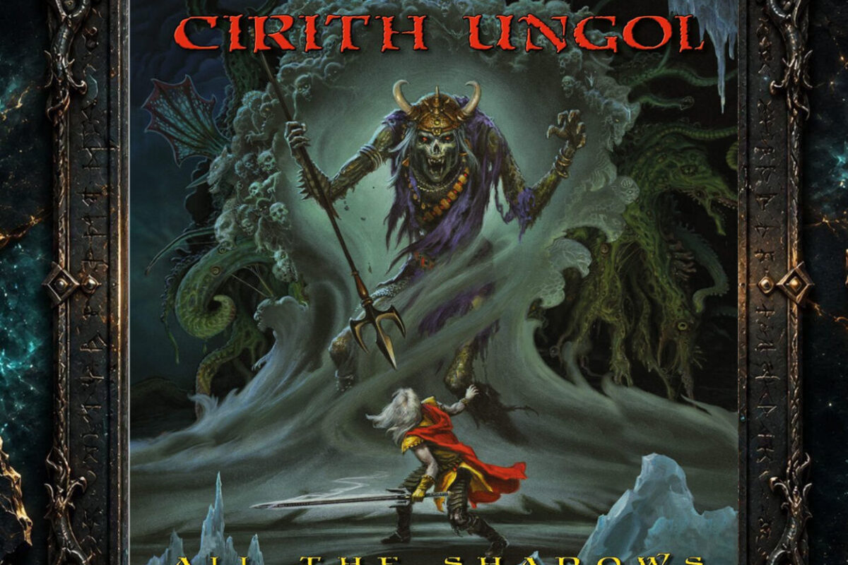 Cover von Cirith Ungol – All the Shadows. Die Fantasy-Illustration von Michael Whelan zeigt den weißhaarigen Elric von Melniboné mit Schwert und rotem Umhang vor einer riesigen, gehörnten und skelettartigen Schreckensgestalt. Grünliche Monster, geisterhafte Figuren und aufgewühlte Wassermassen umgeben die Szene. Oben steht der rote Bandname, unten der goldene Albumtitel.