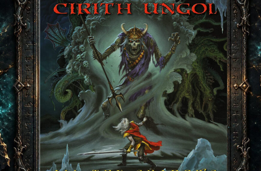 Cover von Cirith Ungol – All the Shadows. Die Fantasy-Illustration von Michael Whelan zeigt den weißhaarigen Elric von Melniboné mit Schwert und rotem Umhang vor einer riesigen, gehörnten und skelettartigen Schreckensgestalt. Grünliche Monster, geisterhafte Figuren und aufgewühlte Wassermassen umgeben die Szene. Oben steht der rote Bandname, unten der goldene Albumtitel.