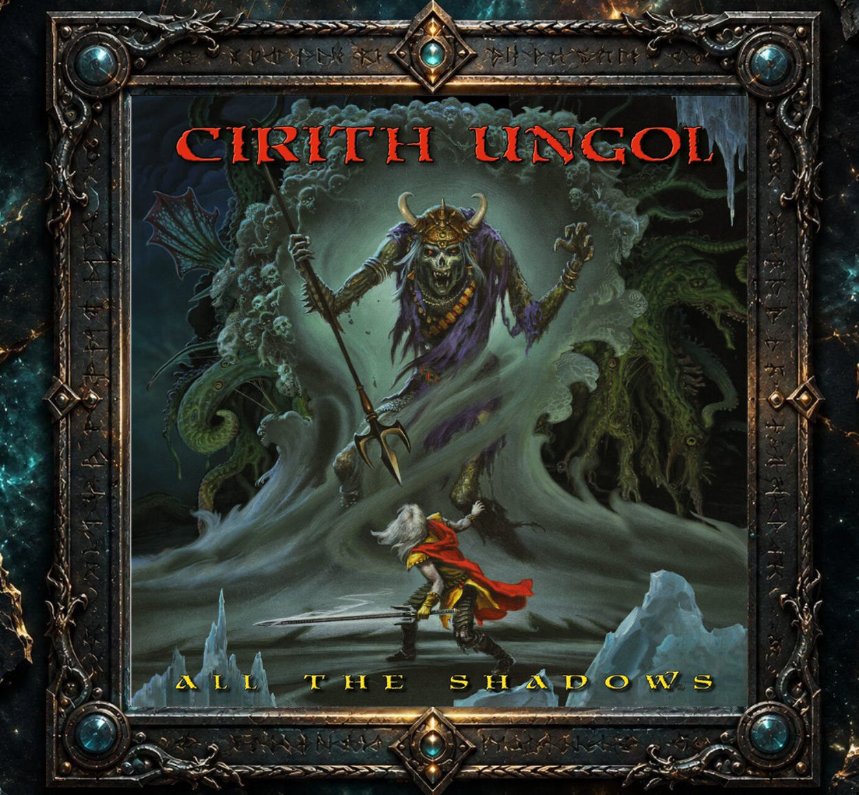 Cover von Cirith Ungol – All the Shadows. Die Fantasy-Illustration von Michael Whelan zeigt den weißhaarigen Elric von Melniboné mit Schwert und rotem Umhang vor einer riesigen, gehörnten und skelettartigen Schreckensgestalt. Grünliche Monster, geisterhafte Figuren und aufgewühlte Wassermassen umgeben die Szene. Oben steht der rote Bandname, unten der goldene Albumtitel.