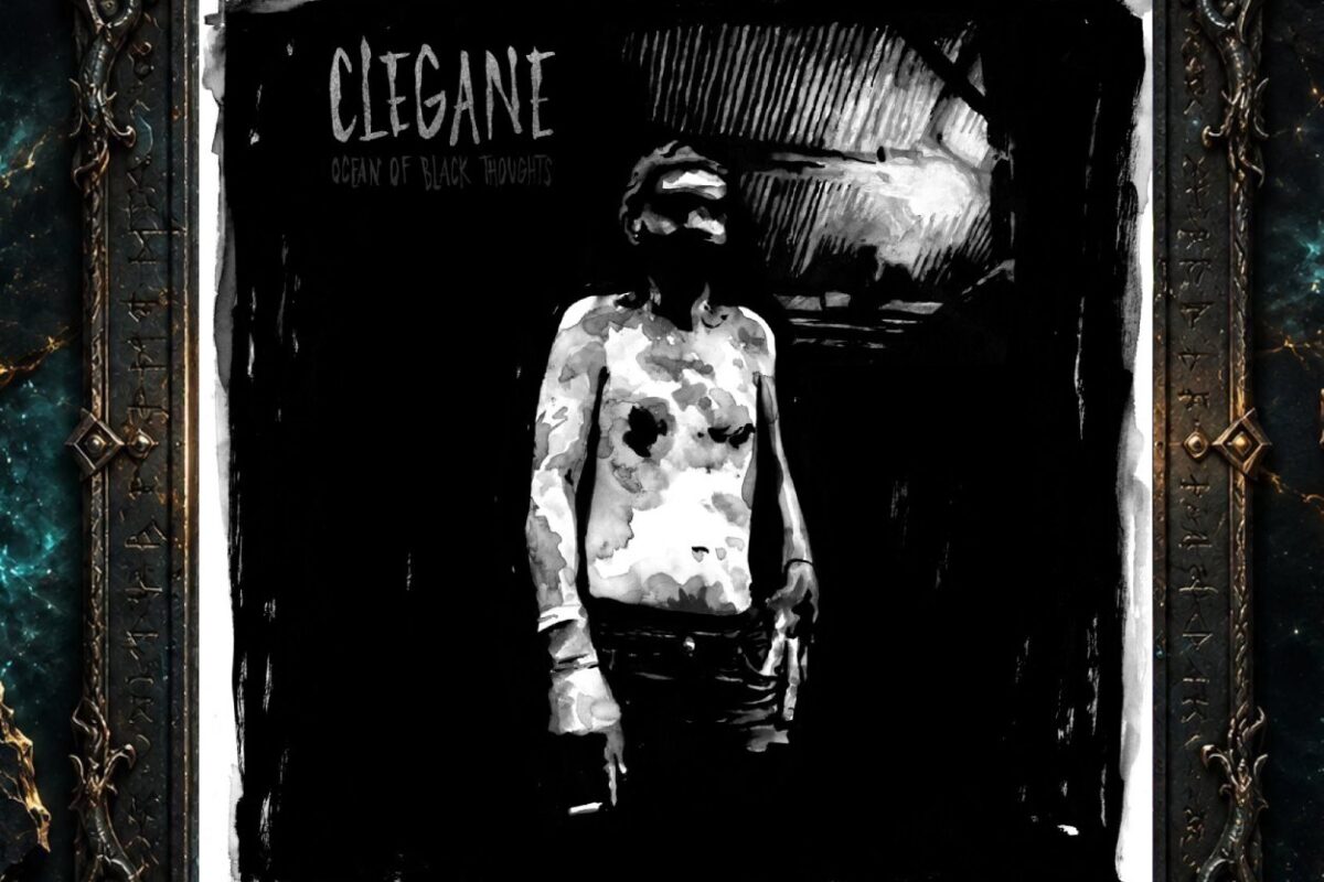 Schwarzweißes Cover von Clegane – Ocean of Black Thoughts mit einer blassen, verwischten menschlichen Gestalt in einem fast vollständig schwarzen Raum und einem harten Lichtschein im Hintergrund.