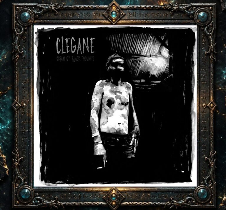Schwarzweißes Cover von Clegane – Ocean of Black Thoughts mit einer blassen, verwischten menschlichen Gestalt in einem fast vollständig schwarzen Raum und einem harten Lichtschein im Hintergrund.