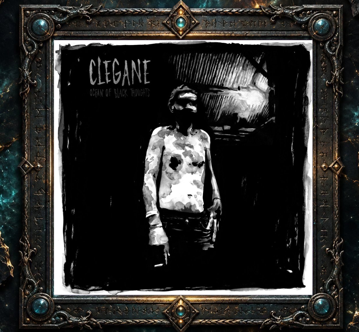Schwarzweißes Cover von Clegane – Ocean of Black Thoughts mit einer blassen, verwischten menschlichen Gestalt in einem fast vollständig schwarzen Raum und einem harten Lichtschein im Hintergrund.
