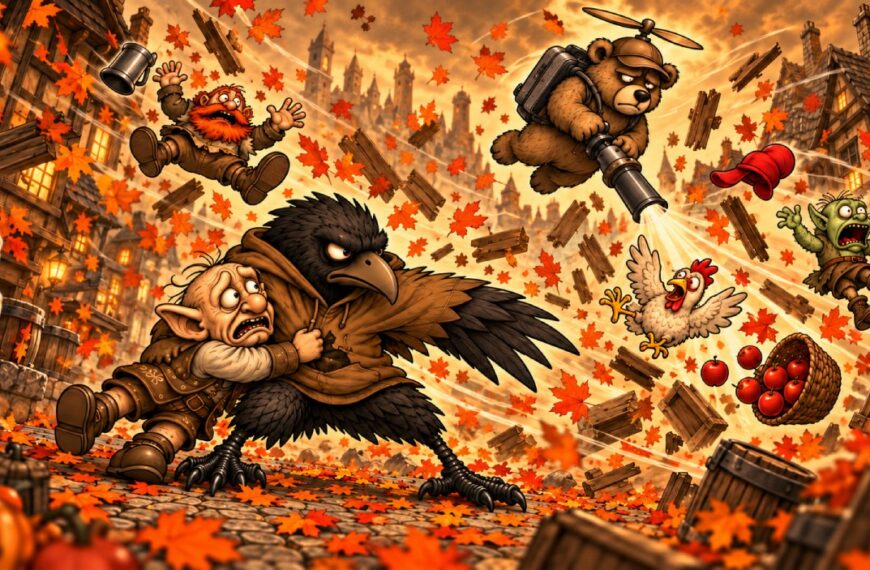 Crowbah-Comic in herbstlicher Sepiaoptik mit kräftigen Orange- und Rottönen: Crowbah und Grabhold genießen zunächst das bunte Oktoberlaub, bevor der Hubschraubär mit einem Laubbläser über ihnen schwebt und einen heftigen Blättersturm auslöst.