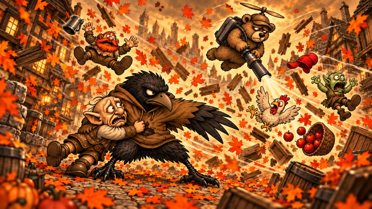 Crowbah-Comic in herbstlicher Sepiaoptik mit kräftigen Orange- und Rottönen: Crowbah und Grabhold genießen zunächst das bunte Oktoberlaub, bevor der Hubschraubär mit einem Laubbläser über ihnen schwebt und einen heftigen Blättersturm auslöst.