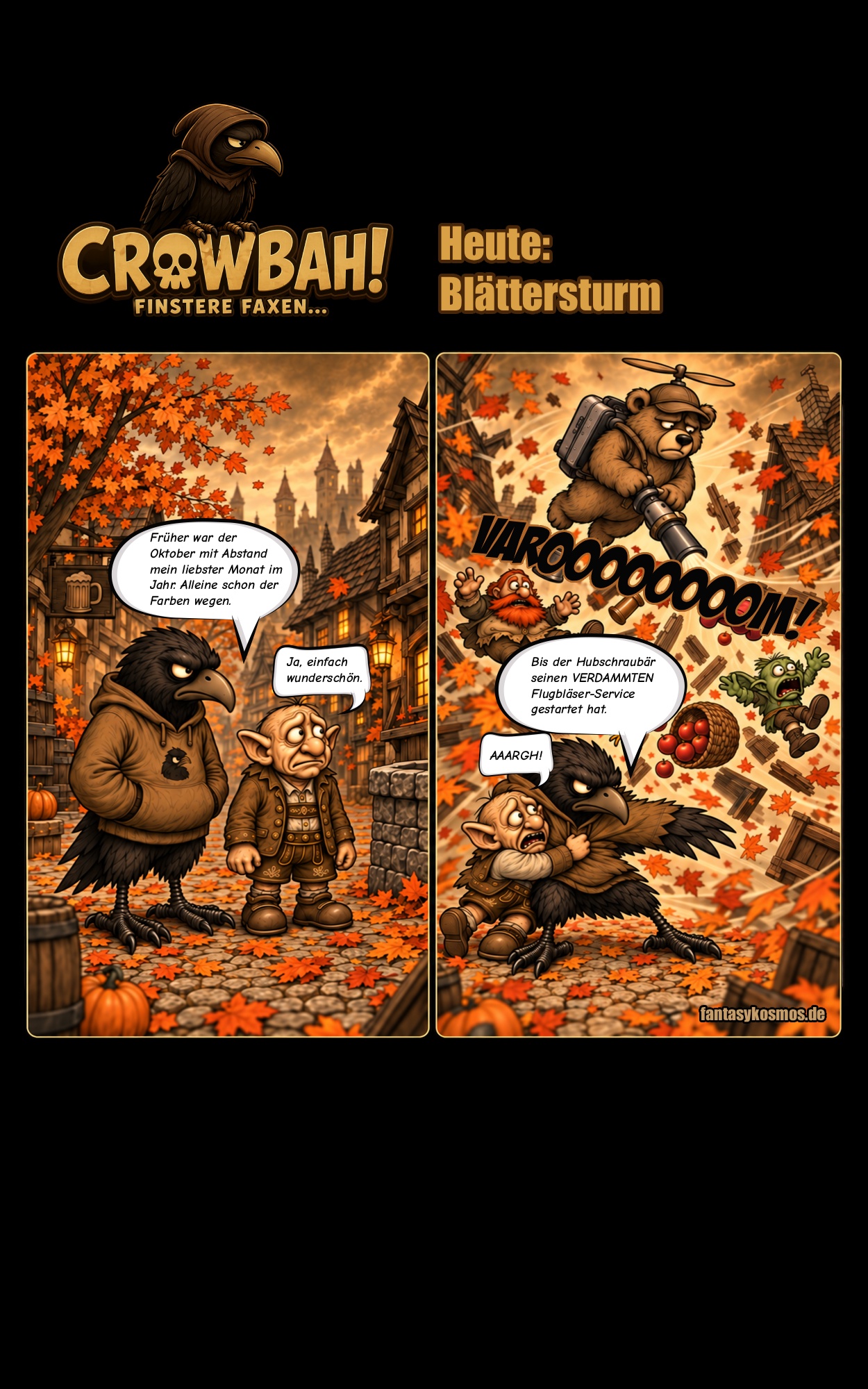 Zweiteiliger Crowbah-Comic in herbstlicher Sepiaoptik mit kräftigen Orange- und Rottönen: Crowbah und Grabhold genießen zunächst das bunte Oktoberlaub, bevor der Hubschraubär mit einem Laubbläser über ihnen schwebt und einen heftigen Blättersturm auslöst.