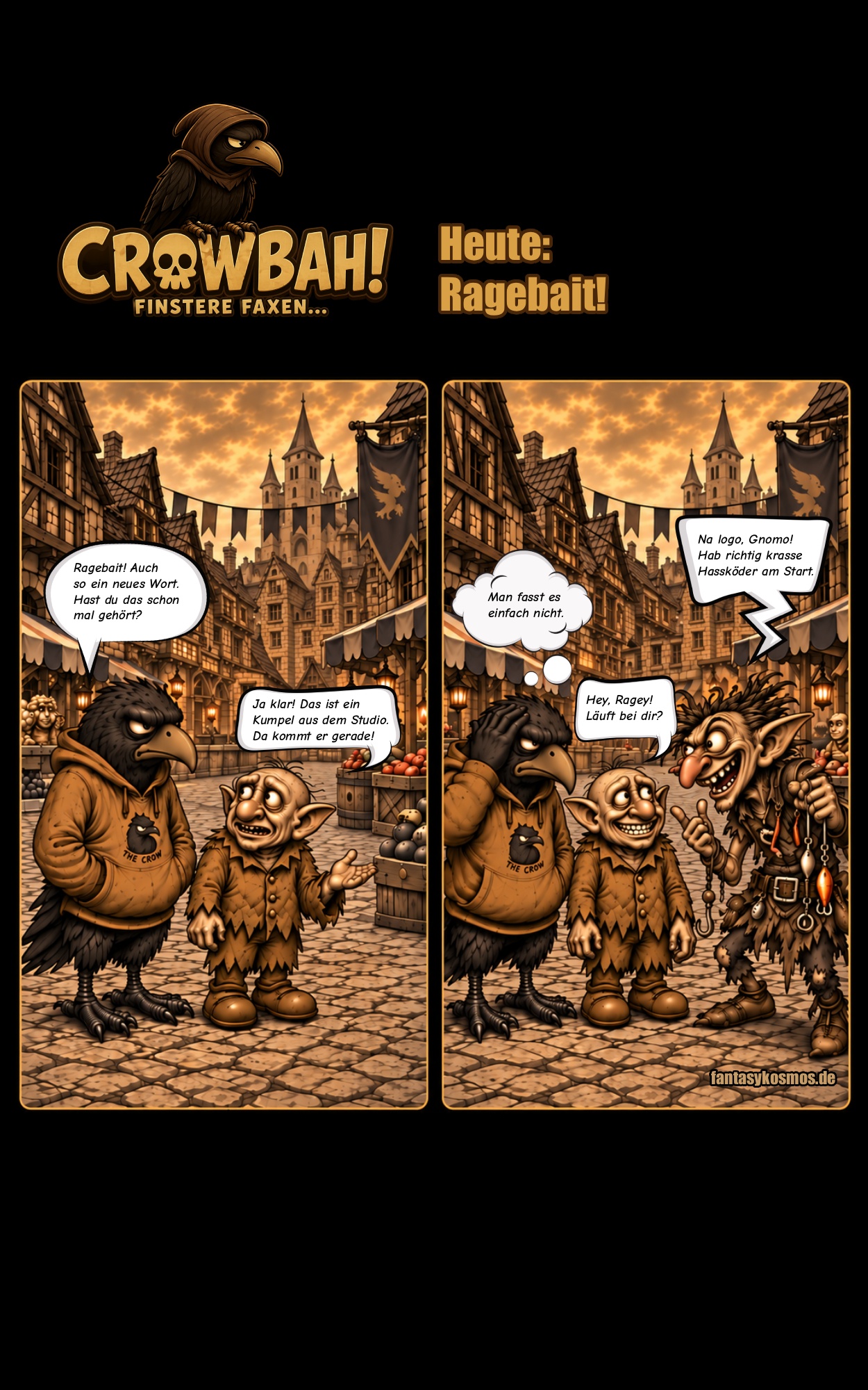 Zweiteiliger Crowbah-Comic in herbstlicher Sepiaoptik mit kräftigen Orange- und Rottönen: Crowbah und Grabhold genießen zunächst das bunte Oktoberlaub, bevor der Hubschraubär mit einem Laubbläser über ihnen schwebt und einen heftigen Blättersturm auslöst.