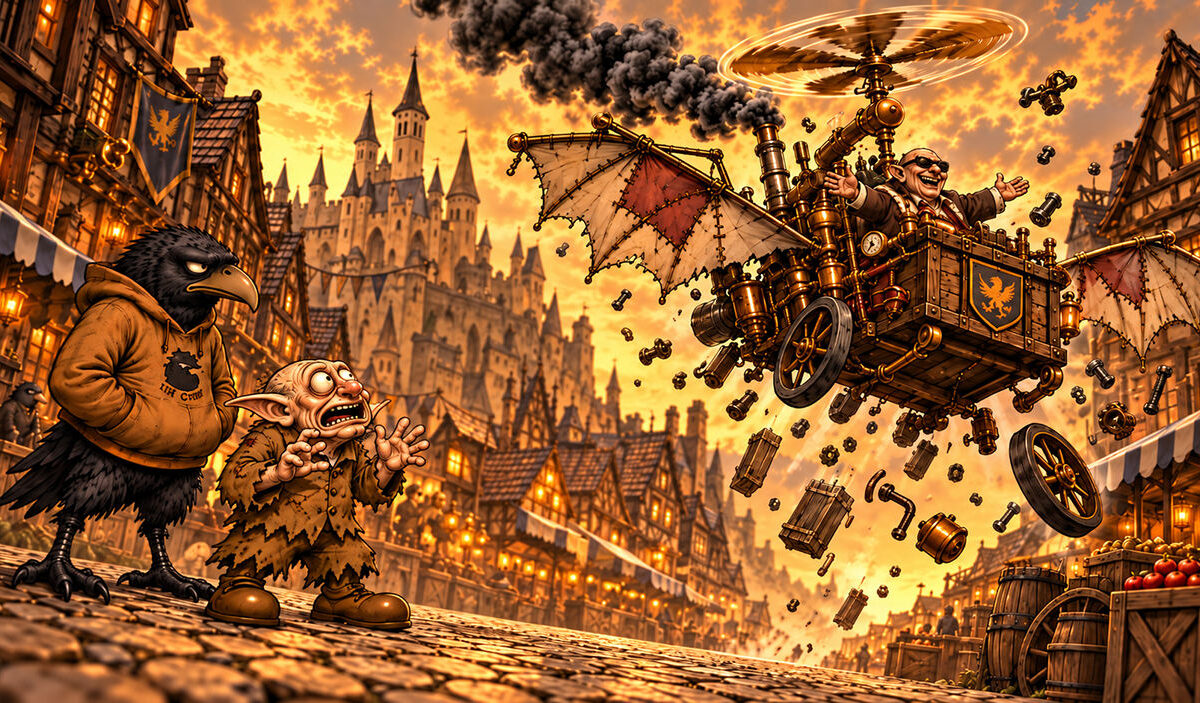Crowbah und Grabhold begutachten Bork von Specksteins Flugwagen. Im zweiten Panel fliegt die Maschine über der Stadt und verliert dabei zahlreiche Bauteile.