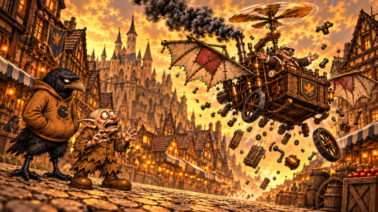 Crowbah und Grabhold begutachten Bork von Specksteins Flugwagen. Im zweiten Panel fliegt die Maschine über der Stadt und verliert dabei zahlreiche Bauteile.
