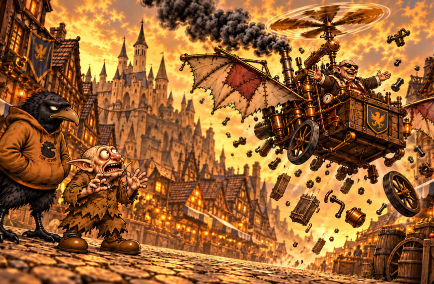 Crowbah und Grabhold begutachten Bork von Specksteins Flugwagen. Im zweiten Panel fliegt die Maschine über der Stadt und verliert dabei zahlreiche Bauteile.