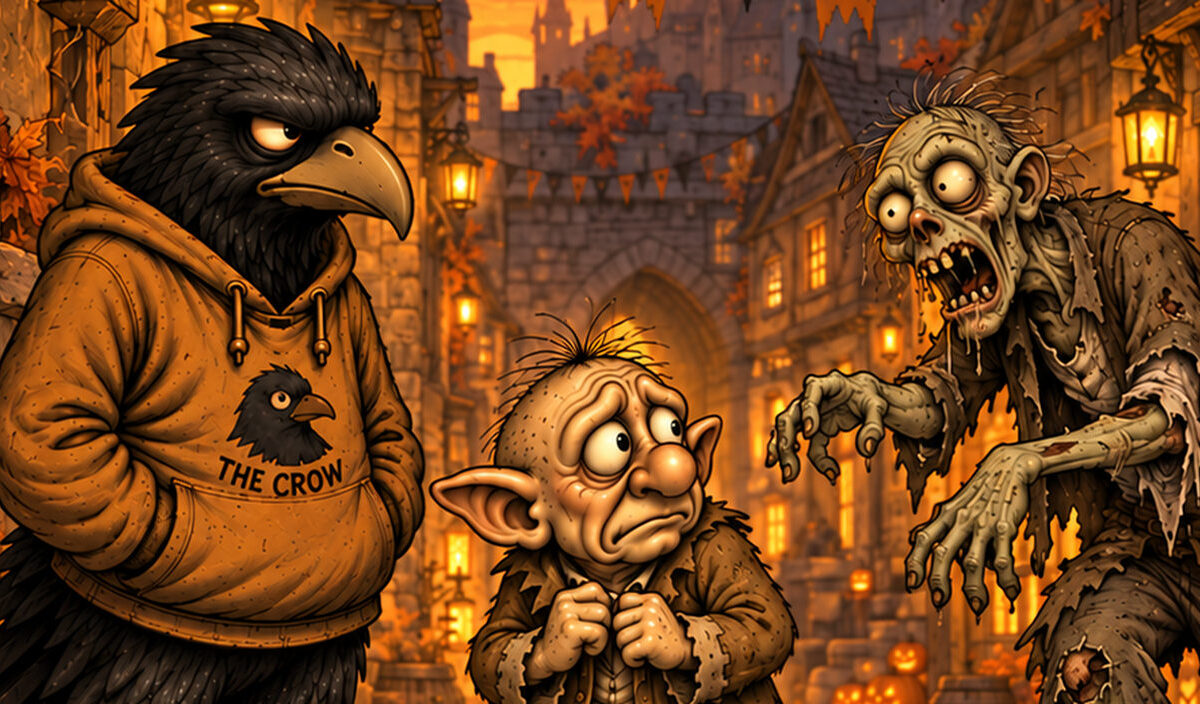 Halloween-Comic: Ein hungriger Zombie steuert auf Grabhold zu, während Crowbah trocken kommentiert.