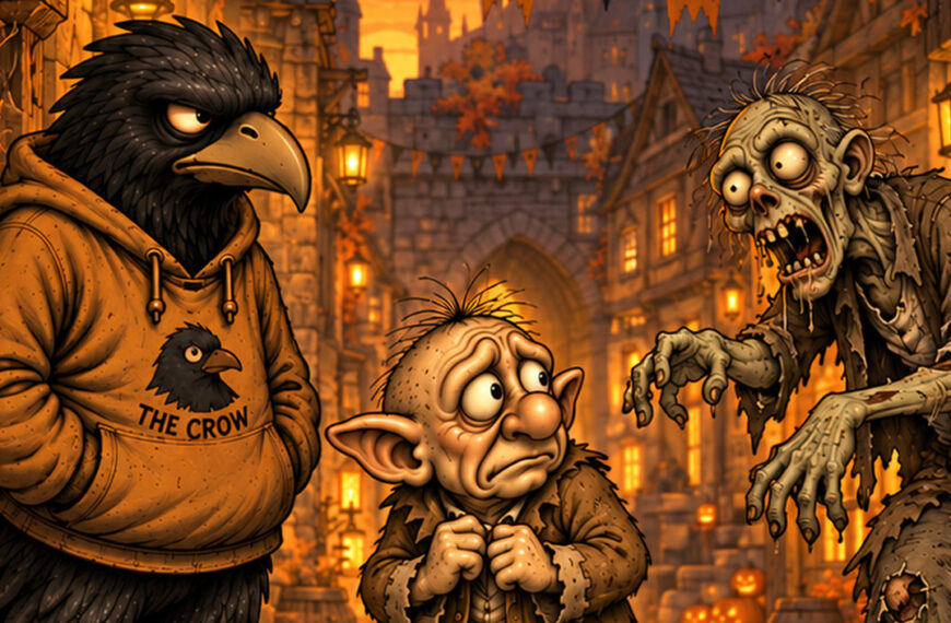 Halloween-Comic: Ein hungriger Zombie steuert auf Grabhold zu, während Crowbah trocken kommentiert.