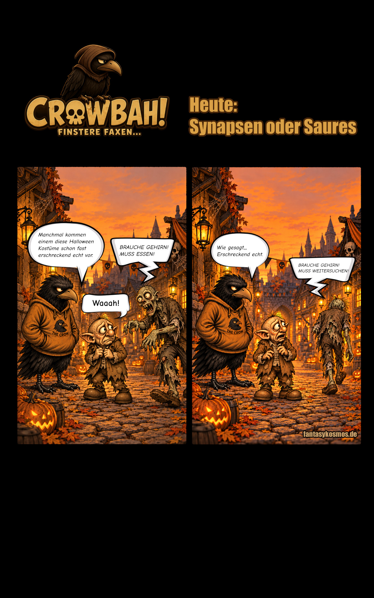 Zweiteiliger Halloween-Comic: Ein hungriger Zombie steuert auf Grabhold zu, während Crowbah trocken kommentiert. Im zweiten Panel zieht der Untote auf der Suche nach Gehirn enttäuscht weiter und Grabhold schaut gekränkt.