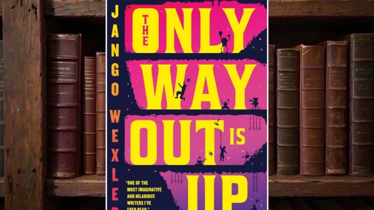 Cover von Django Wexlers The Only Way Out Is Up in kräftigem Pink, Gelb und Dunkelblau mit riesigem typografischem Titel, mehreren übereinanderliegenden Ebenen und kleinen silhouettenhaften Figuren sowie Konstrukten, die zwischen den Schichten klettern und kämpfen.