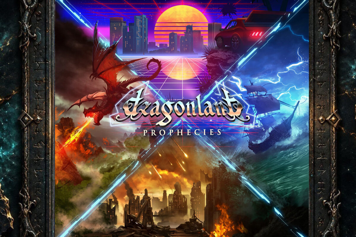 Cover von Dragonland – Prophecies: Ein farbenprächtiges Fantasy- und Endzeitmotiv zeigt links einen feuerspeienden Drachen, rechts ein Schiff im Sturm, unten eine brennende Ruinenstadt und oben eine leuchtende Neonsonne vor einer Skyline. In der Mitte stehen groß der Bandname und der Albumtitel.
