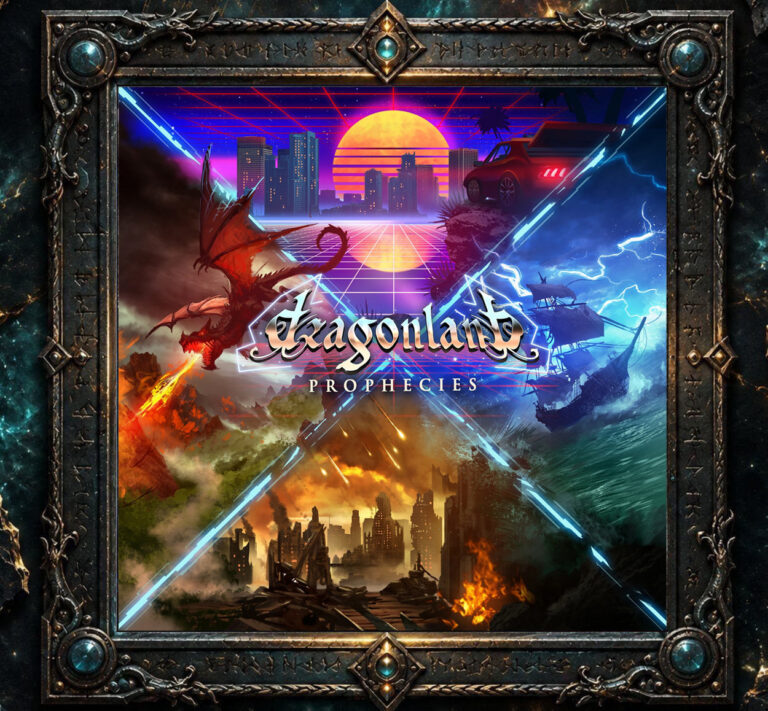 Cover von Dragonland – Prophecies: Ein farbenprächtiges Fantasy- und Endzeitmotiv zeigt links einen feuerspeienden Drachen, rechts ein Schiff im Sturm, unten eine brennende Ruinenstadt und oben eine leuchtende Neonsonne vor einer Skyline. In der Mitte stehen groß der Bandname und der Albumtitel.