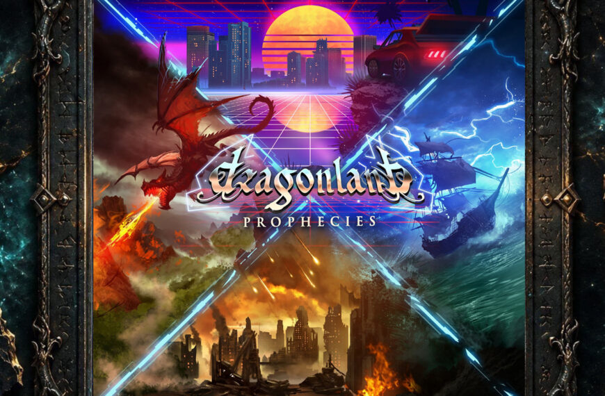 Cover von Dragonland – Prophecies: Ein farbenprächtiges Fantasy- und Endzeitmotiv zeigt links einen feuerspeienden Drachen, rechts ein Schiff im Sturm, unten eine brennende Ruinenstadt und oben eine leuchtende Neonsonne vor einer Skyline. In der Mitte stehen groß der Bandname und der Albumtitel.