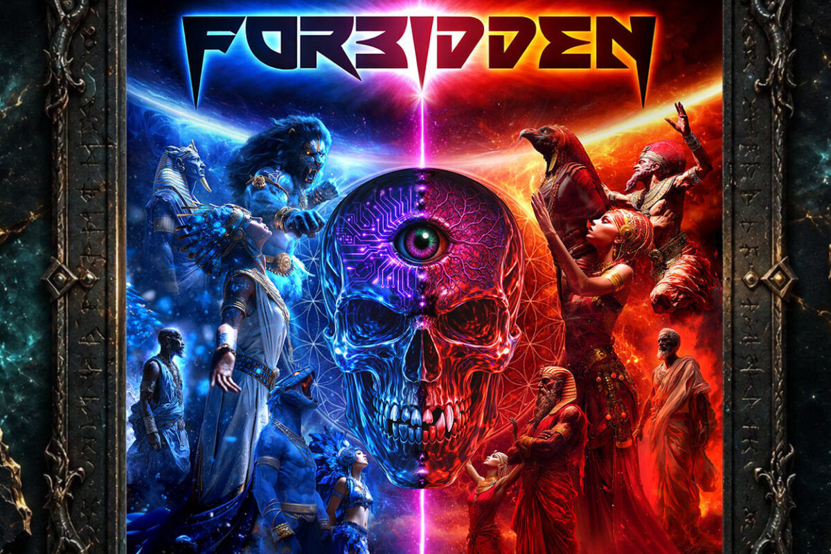 Cover von Forbidden – Forbidden: Ein farbgewaltiges, symmetrisch aufgebautes Motiv mit einem geteilten Totenschädel in Blau und Rot, einem dritten Auge auf der Stirn und zahlreichen mythologischen, historischen und spirituell anmutenden Figuren auf beiden Seiten. Über dem Bild steht groß der Bandname.