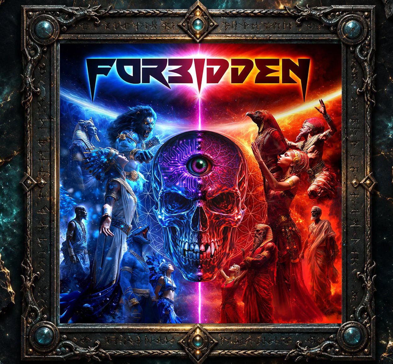 Cover von Forbidden – Forbidden: Ein farbgewaltiges, symmetrisch aufgebautes Motiv mit einem geteilten Totenschädel in Blau und Rot, einem dritten Auge auf der Stirn und zahlreichen mythologischen, historischen und spirituell anmutenden Figuren auf beiden Seiten. Über dem Bild steht groß der Bandname.