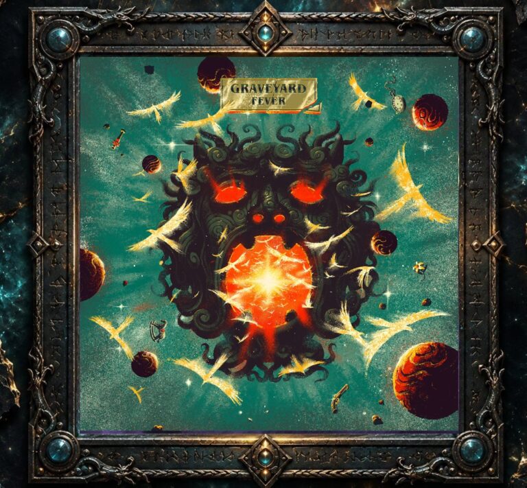 Cover von Graveyard – Fever mit einer dunklen, ornamental wirkenden Fratze mit rot glühenden Augen und einem orange leuchtenden Maul vor türkisfarbenem kosmischem Hintergrund. Rundherum schweben Planeten, helle Vogelformen, eine Taschenuhr, ein Revolver und weitere surreale Objekte.