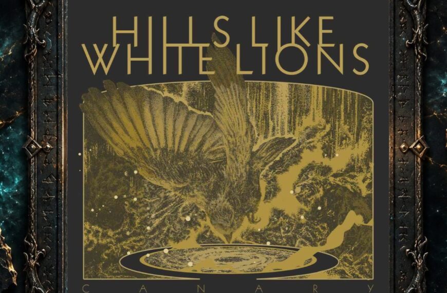 Gold-schwarzes Cover von Hills Like White Lions – Canary. Ein großer Vogel mit ausgebreiteten Flügeln schwebt über einem kreisförmigen kosmischen Strudel oder Portal. Darüber steht der geometrisch gesetzte Bandname, am unteren Rand der Albumtitel Canary.