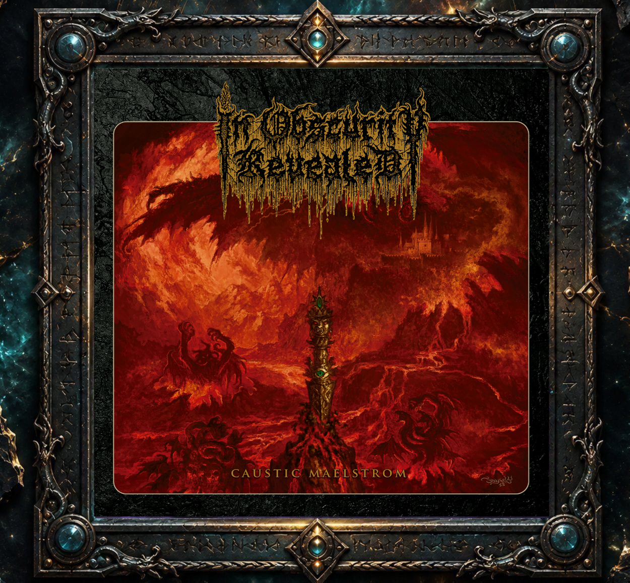 Cover von In Obscurity Revealed – Caustic Maelstrom mit einer glühend roten infernalischen Landschaft voller Lava, Flammen und grotesker Kreaturen. Im Zentrum erhebt sich eine dunkle totemartige Säule mit grün leuchtenden Details, während im Hintergrund eine finstere Festung im Fels erkennbar ist.