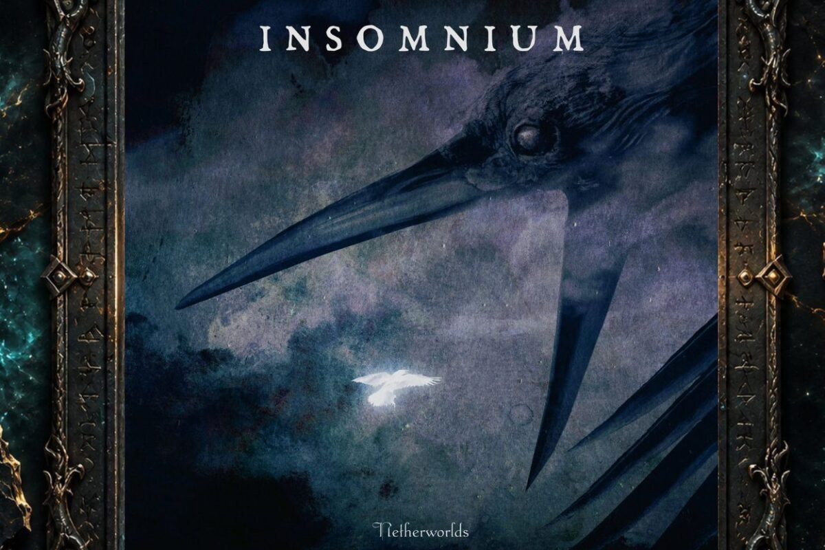 Cover von Insomnium – Netherworlds mit einem riesigen dunklen, vogelartigen Wesen mit langem Schnabel über einem nebligen blau-grauen Wald. Tief darunter fliegt ein kleiner weißer Vogel als heller Kontrast in der ansonsten düsteren Szenerie.