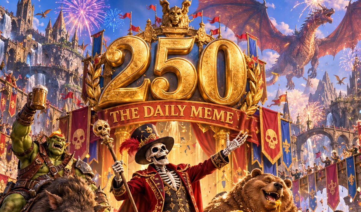 Absurd-fotorealistische Fantasy-Jubiläumsszene zum 250. Daily Meme: In einer riesigen Festarena der Zwischenreiche thront eine monumentale goldene Zahl 250 über einer prunkvollen Bühne mit der Aufschrift „THE DAILY MEME“. Im Zentrum steht Boney als festlich gekleideter Skelett-Moderator mit Stab und ausgestrecktem Arm.