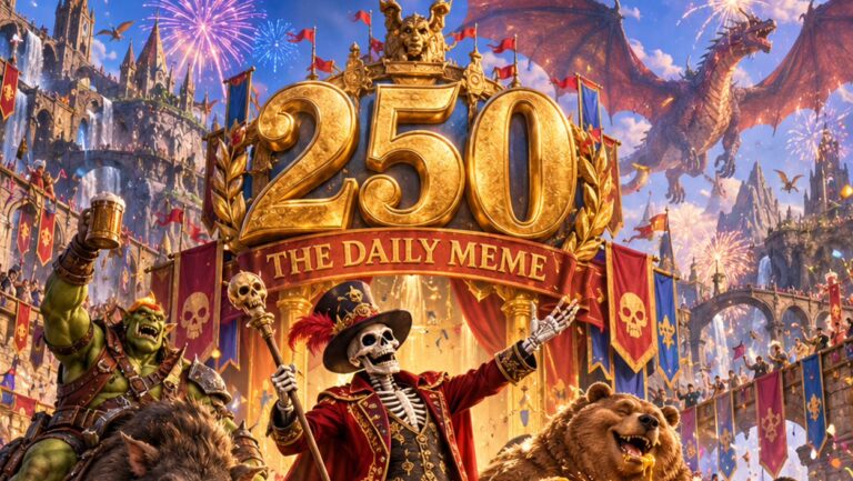 Absurd-fotorealistische Fantasy-Jubiläumsszene zum 250. Daily Meme: In einer riesigen Festarena der Zwischenreiche thront eine monumentale goldene Zahl 250 über einer prunkvollen Bühne mit der Aufschrift „THE DAILY MEME“. Im Zentrum steht Boney als festlich gekleideter Skelett-Moderator mit Stab und ausgestrecktem Arm.