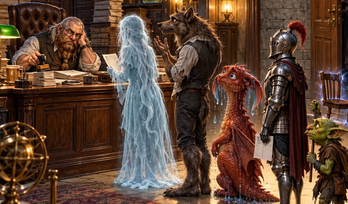 Absurd-fotorealistische Fantasy-Szene in einem skurrilen Amtszimmer: Ein erschöpfter Zwergenbeamter sitzt hinter einem schweren Holzschalter und bearbeitet mit stoischer Miene seltsame Fälle. Vor ihm wartet eine kleine Schlange ungewöhnlicher Besucher: ein halbtransparenter Geist mit Formular, ein gestikulierender Werwolf, ein kleiner roter Drache mit Wasser aus den Ohren, ein Ritter mit leerem Schattenplatz und ein Goblin mit einem schwebenden Stuhl.