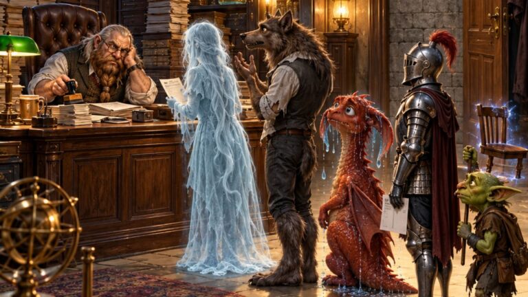 Absurd-fotorealistische Fantasy-Szene in einem skurrilen Amtszimmer: Ein erschöpfter Zwergenbeamter sitzt hinter einem schweren Holzschalter und bearbeitet mit stoischer Miene seltsame Fälle. Vor ihm wartet eine kleine Schlange ungewöhnlicher Besucher: ein halbtransparenter Geist mit Formular, ein gestikulierender Werwolf, ein kleiner roter Drache mit Wasser aus den Ohren, ein Ritter mit leerem Schattenplatz und ein Goblin mit einem schwebenden Stuhl.