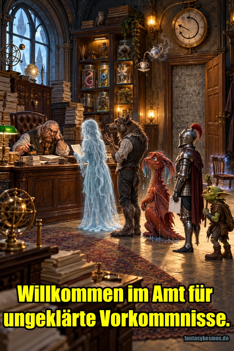 Absurd-fotorealistische Fantasy-Szene in einem skurrilen Amtszimmer: Ein erschöpfter Zwergenbeamter sitzt hinter einem schweren Holzschalter und bearbeitet mit stoischer Miene seltsame Fälle. Vor ihm wartet eine kleine Schlange ungewöhnlicher Besucher: ein halbtransparenter Geist mit Formular, ein gestikulierender Werwolf, ein kleiner roter Drache mit Wasser aus den Ohren, ein Ritter mit leerem Schattenplatz und ein Goblin mit einem schwebenden Stuhl. Im Hintergrund stehen Aktenstapel, seltsame Präparate, eine rückwärts laufende Uhr und eine Tür, die direkt auf eine Wand führt.