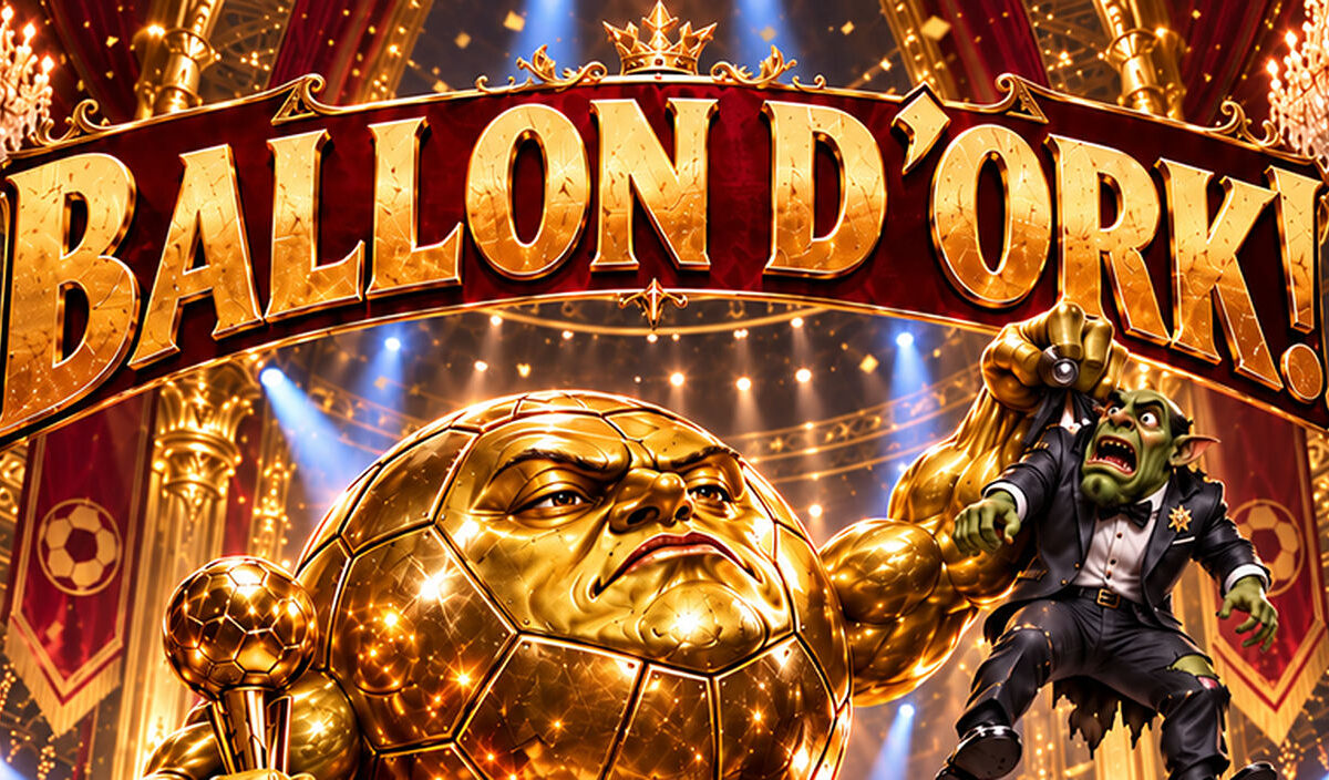 Absurd-fotorealistische Fantasy-Satire auf den Ballon d’Or 2026: In einem prunkvollen, goldüberladenen Festsaal steht ein gigantischer, muskelbepackter Fußball aus purem Gold auf der Bühne. Mit einer Hand hält er triumphierend einen Pokal, mit der anderen hebt er einen entsetzten Ork-Fußballstar am Smoking hoch.