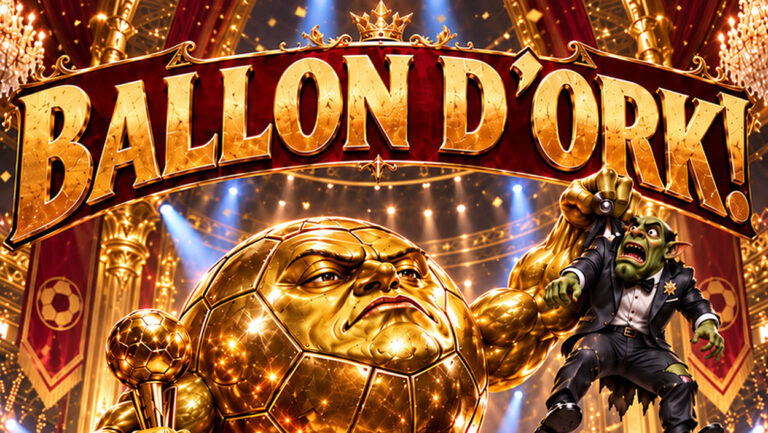 Absurd-fotorealistische Fantasy-Satire auf den Ballon d’Or 2026: In einem prunkvollen, goldüberladenen Festsaal steht ein gigantischer, muskelbepackter Fußball aus purem Gold auf der Bühne. Mit einer Hand hält er triumphierend einen Pokal, mit der anderen hebt er einen entsetzten Ork-Fußballstar am Smoking hoch.