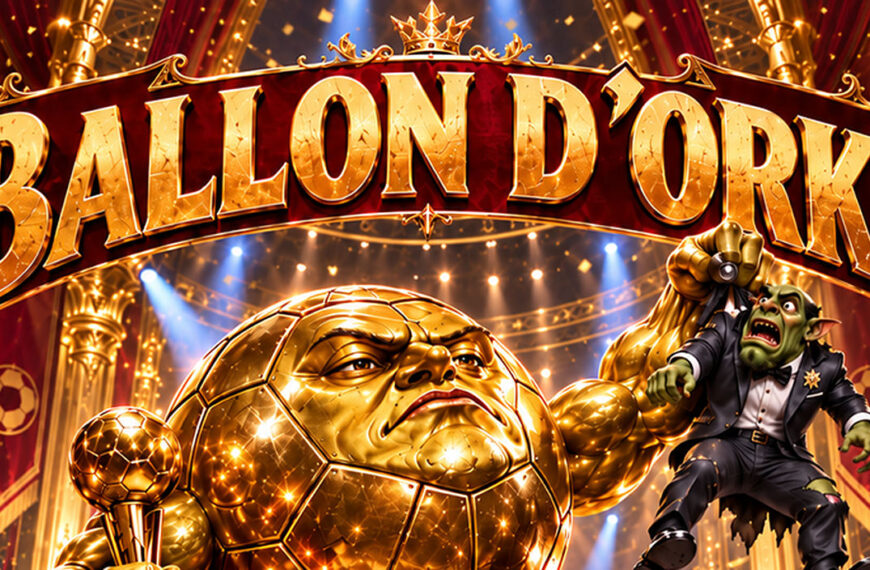 Absurd-fotorealistische Fantasy-Satire auf den Ballon d’Or 2026: In einem prunkvollen, goldüberladenen Festsaal steht ein gigantischer, muskelbepackter Fußball aus purem Gold auf der Bühne. Mit einer Hand hält er triumphierend einen Pokal, mit der anderen hebt er einen entsetzten Ork-Fußballstar am Smoking hoch.
