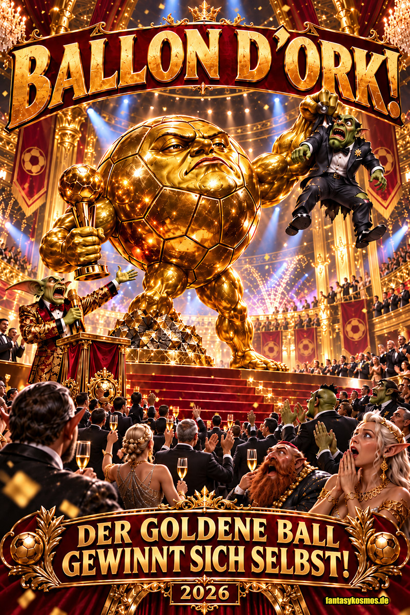 Absurd-fotorealistische Fantasy-Satire auf den Ballon d’Or 2026: In einem prunkvollen, goldüberladenen Festsaal steht ein gigantischer, muskelbepackter Fußball aus purem Gold auf der Bühne. Mit einer Hand hält er triumphierend einen Pokal, mit der anderen hebt er einen entsetzten Ork-Fußballstar am Smoking hoch. Ein Goblin-Moderator kommentiert das Spektakel, während Elben, Zwerge und Orks im Publikum jubeln. Goldene Schriftbanner verkünden „BALLON D’ORK!“ und „DER GOLDENE BALL GEWINNT SICH SELBST!“.