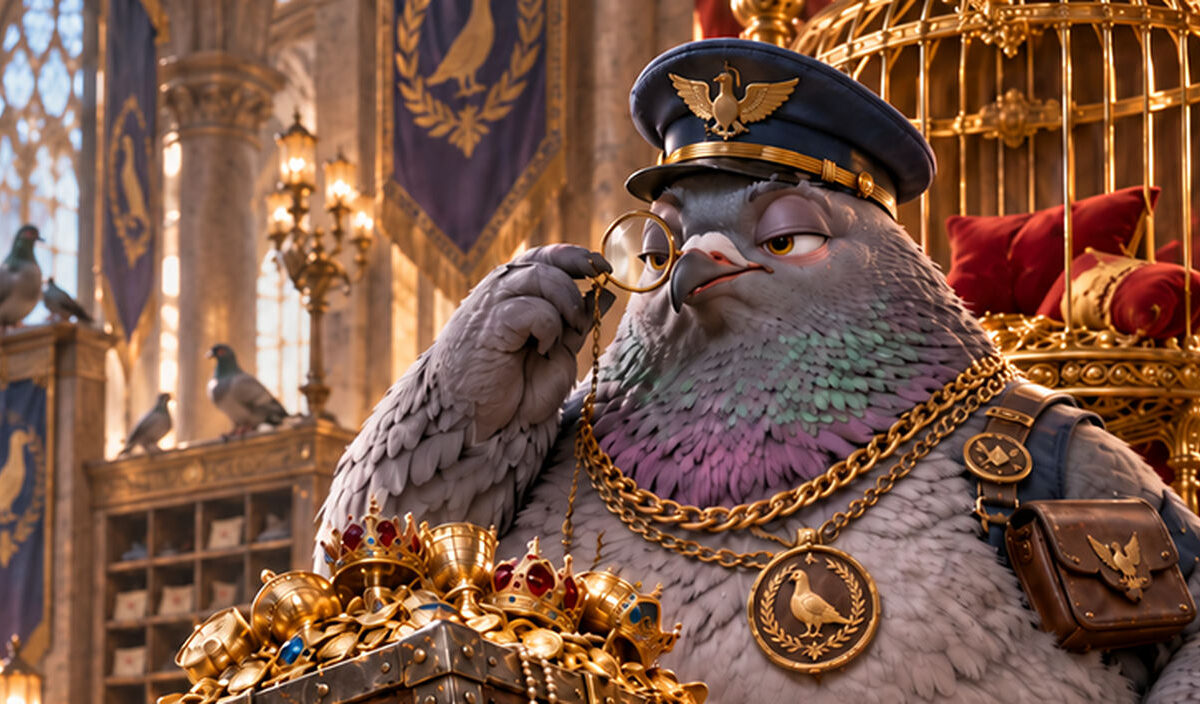 Absurd-fotorealistische Fantasy-Satire auf steigende Briefportokosten: In einer prunkvollen mittelalterlichen Posthalle hebt ein kräftiger Zwerg ächzend eine schwere Schatztruhe voller Gold auf einen Schalter.