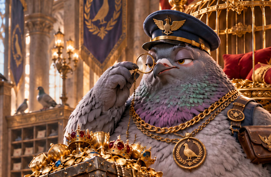Absurd-fotorealistische Fantasy-Satire auf steigende Briefportokosten: In einer prunkvollen mittelalterlichen Posthalle hebt ein kräftiger Zwerg ächzend eine schwere Schatztruhe voller Gold auf einen Schalter.
